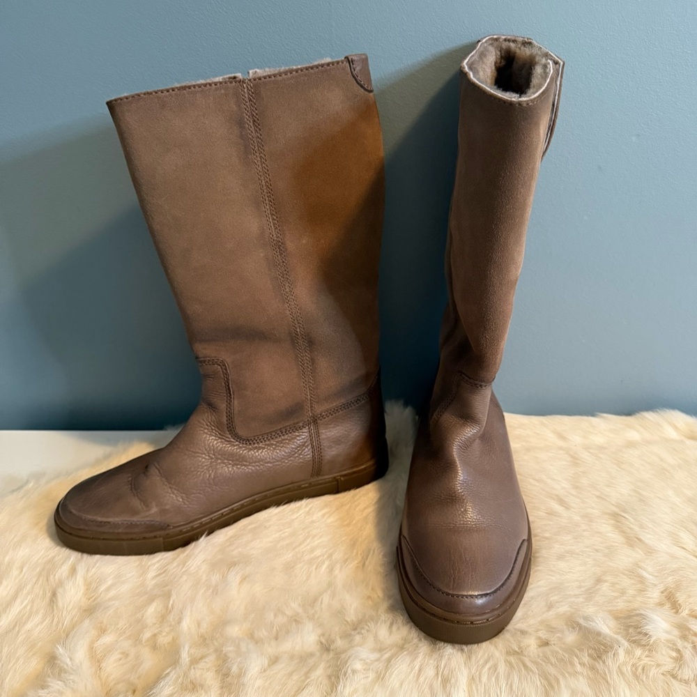 Frye Gemma Tall Shearling Gray Leather Winter Boots